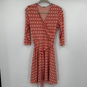 41 Hawthorne Wrap Dress Red Beige Geometric 3/4 Sleeve‎ Tie Waist Midi Small